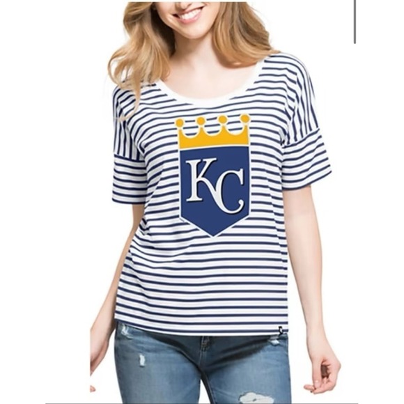 New WOMENS  majestic 47 KANSAS CITY ROYALS BLUE COED STRIPE SHORT SLEEVE SCOOP M - Picture 1 of 9